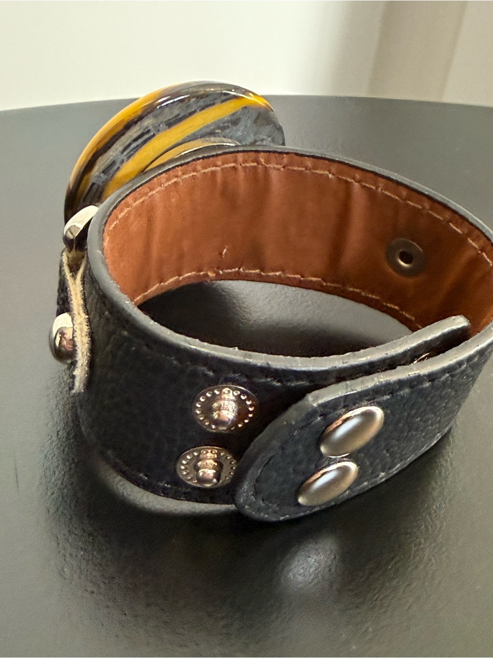 James Hayes Hand Blown Glass Art- Black Leather Cuff Bracelet - Picture 3 of 3